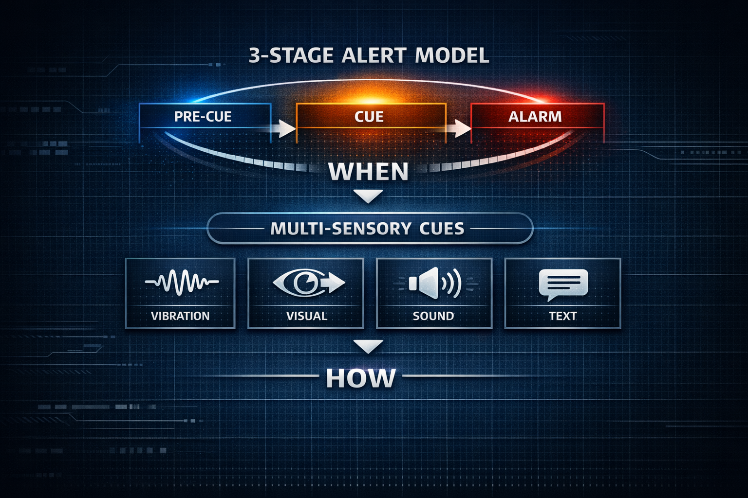 Multi-sensory cues diagram showing vibration, visual, sound, and text channels mapped across pre-cue, cue, and alarm stages